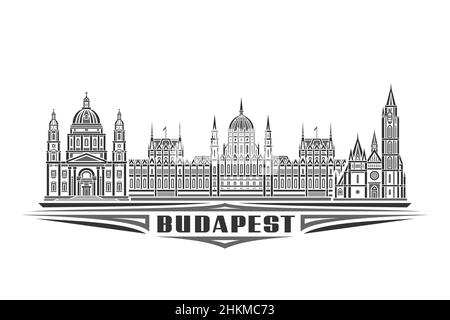 Vektor-Illustration von Budapest, monochromes horizontales Poster mit linearem Design berühmte budapester Stadtlandschaft, urbanes Linienkunstkonzept mit dekorativem le Stock Vektor