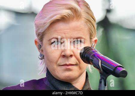 STOCKHOLM, SCHWEDEN - 27. SEPTEMBER 2019: Klimaaktivisten freitags zu zukünftigen Protesten in Stockholm und Künstler Robyn bei der Performance. Stockfoto