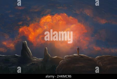 Mann, Wanderer, der auf dem Bergland mit Wald und Sonnenuntergang Himmel steht. Digitale Malerei, Fantasy-Landschaft Stockfoto