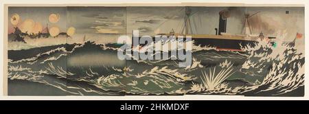 Kunst inspiriert von unserer Flotte von Kriegsschiffen, die die Bucht von Dalian bombardieren, Kobayashi Kiyochika, 1847-1915, Meiji-Zeit, 1868-1912, Matsuki Heikichi V, japanisch, 1872-1931, 1894, Pentaptychon von Farbholzschnitten, hergestellt in Tokio, Japan, Asien, Dalian, Provinz Liaoning, China, Asien, Dalian, Liaoning, Klassische Werke, die von Artotop mit einem Hauch von Moderne modernisiert wurden. Formen, Farbe und Wert, auffällige visuelle Wirkung auf Kunst. Emotionen durch Freiheit von Kunstwerken auf zeitgemäße Weise. Eine zeitlose Botschaft, die eine wild kreative neue Richtung verfolgt. Künstler, die sich dem digitalen Medium zuwenden und die Artotop NFT erschaffen Stockfoto