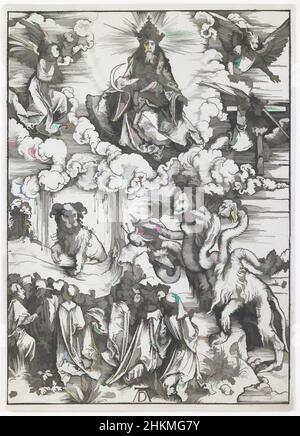 Vom Tier inspirierte Kunst mit zwei Hörnern wie einem Lamm, aus der Serie 'die Apokalypse', Albrecht Dürer, Deutsch, 1471-1528, ca. 1496-97, Holzschnitt, hergestellt in Deutschland, Europa, Drucke, Bild (unregelmäßig): 15 9/16 x 11 3/16 Zoll (39,5 x 28,4 cm, Classic Works modernisiert von Artotop mit einem Schuss Modernität. Formen, Farbe und Wert, auffällige visuelle Wirkung auf Kunst. Emotionen durch Freiheit von Kunstwerken auf zeitgemäße Weise. Eine zeitlose Botschaft, die eine wild kreative neue Richtung verfolgt. Künstler, die sich dem digitalen Medium zuwenden und die Artotop NFT erschaffen Stockfoto