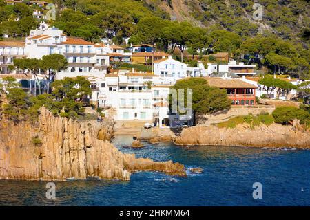 Panoramablick vom Meer auf die Stadt Fornells, Costa Brava, Katalonien, Spanien Stockfoto