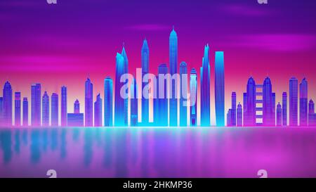 Retro-Wellenhintergrund 80s. City 80s zukünftige Retro-Synth-Illustration. Strand Poster futuristischer Hintergrund. Retro Laser City Cyber-Konzept. Futuristisch Stock Vektor