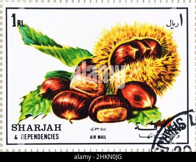 Abgesagte Briefmarke gedruckt von Sharjah, die Chestnut zeigt, um 1972. Stockfoto