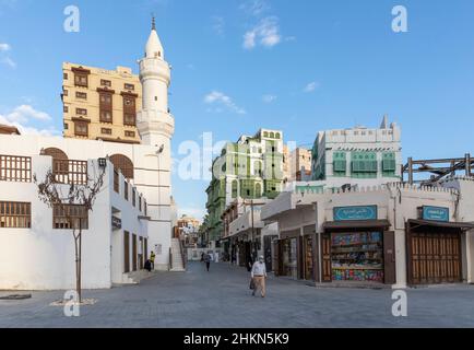 Jeddah, Saudi-Arabien, 6th. Januar 2022: Straßenszene im alten Jeddah Stockfoto