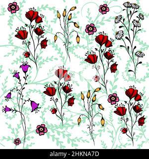 Grün nahtlose Hintergrund schöne Zweige und rote Blumen. Vektorgrafik Stock Vektor