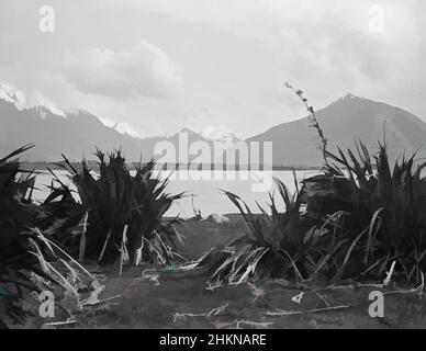 Kunst inspiriert von Head of Lake Wakatipu, von Glenorchy, Burton Brothers Studio, Fotostudio, 1888, Neuseeland, Schwarz-Weiß-Fotografie, Blick auf hohe Berge mit einem Vordergrund aus Flachsbüschen und einem Teil des Wassers in der Mitte, das teilweise von den Büschen verdeckt wird, modernisierte Classic Works von Artotop mit einem Schuss Moderne. Formen, Farbe und Wert, auffällige visuelle Wirkung auf Kunst. Emotionen durch Freiheit von Kunstwerken auf zeitgemäße Weise. Eine zeitlose Botschaft, die eine wild kreative neue Richtung verfolgt. Künstler, die sich dem digitalen Medium zuwenden und die Artotop NFT erschaffen Stockfoto