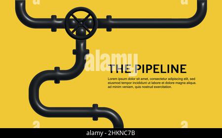 Black Pipeline 3D Vektorkonzept. Flaches Öl- oder Gasdesign mit schwarzem Hintergrund. Stock Vektor