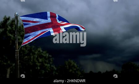 Flagge des Vereinigten Königreichs (UK) zur nationalen Feier auf dunklem Sturmkumulus - Abstract 3D Rendering Stockfoto