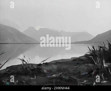 Kunst inspiriert von Mount Earnlsaw, von Glenorchy, Lake Wakatipu, Burton Brothers Studio, Fotostudio, 1886, Dunedin, Schwarz-Weiß-Fotografie, Blick über das stille Wasser eines Sees in Richtung schneebedeckter Berge. Auf dem Sandufer sind in den von Artotop modernisierten Classic Works mit einem Hauch von Modernität zerklümmerte Vegetationsklumpen zu sehen. Formen, Farbe und Wert, auffällige visuelle Wirkung auf Kunst. Emotionen durch Freiheit von Kunstwerken auf zeitgemäße Weise. Eine zeitlose Botschaft, die eine wild kreative neue Richtung verfolgt. Künstler, die sich dem digitalen Medium zuwenden und die Artotop NFT erschaffen Stockfoto