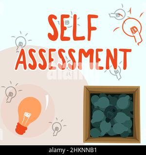 Schild mit der Selbsteinschätzung. Geschäftsidee Bewertung von sich selbst oder einem s ist Handlungen und Einstellungen glühendes Licht Glühbirne Zeichnung in Box Anzeige Stockfoto