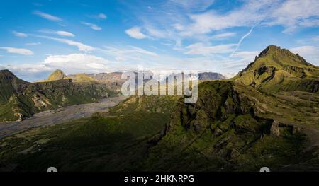Luftaufnahme des Þórsmörk-Tals in Isisnad Stockfoto