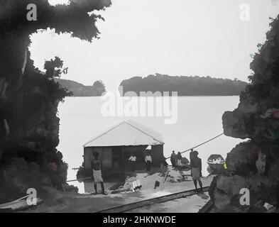 Kunst inspiriert von der Lagune, Mango [Mago], Fidschi, Burton Brothers Studio, Fotostudio, Juli 1884, Dunedin, Schwarz-Weiß-Fotografie, Bootsschuppen am Ufer der Lagune, mit Eisenbahnlinie vor der Lagune. Im Hintergrund sind zwei Landmassen zu sehen. Zwei lange Boote sind neben den, von Artotop modernisierten Classic Works mit einem Schuss Modernität. Formen, Farbe und Wert, auffällige visuelle Wirkung auf Kunst. Emotionen durch Freiheit von Kunstwerken auf zeitgemäße Weise. Eine zeitlose Botschaft, die eine wild kreative neue Richtung verfolgt. Künstler, die sich dem digitalen Medium zuwenden und die Artotop NFT erschaffen Stockfoto