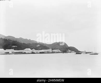 Art inspired by [Levuka, Fiji], Burton Brothers Studio, Photography Studio, 14. Juli 1884, Neuseeland, Schwarz-Weiß-Fotografie, dritte Platte in drei-Platten-Panorama vom Steg. Vordergrundmeer läuft bis zur Ufermauer mit Straße über, Gebäude am Straßenrand, Kokospalmen dahinter, Classic Works modernisiert von Artotop mit einem Schuss Modernität. Formen, Farbe und Wert, auffällige visuelle Wirkung auf Kunst. Emotionen durch Freiheit von Kunstwerken auf zeitgemäße Weise. Eine zeitlose Botschaft, die eine wild kreative neue Richtung verfolgt. Künstler, die sich dem digitalen Medium zuwenden und die Artotop NFT erschaffen Stockfoto