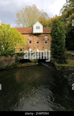 Blick auf Narborough Mill, den Fluss Nar, Narborough Village, North Norfolk, England, VEREINIGTES KÖNIGREICH Stockfoto