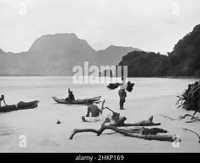 Art inspired by Pango-Pango (sic) Harbour, Samoa, Burton Brothers Studio, Photography Studio, July 1884, Dunedin, Schwarz-Weiß-Fotografie, Strand, im Vordergrund Treibholz und rechts ein Padanus-Baum sichtbar. Mann, der Bananen trägt, und Mann (mit umgedrehter Rückseite), der mit gekreuzten Beinen sitzt, die von Artotop modernisierten Classic Works mit einem Schuss Modernität. Formen, Farbe und Wert, auffällige visuelle Wirkung auf Kunst. Emotionen durch Freiheit von Kunstwerken auf zeitgemäße Weise. Eine zeitlose Botschaft, die eine wild kreative neue Richtung verfolgt. Künstler, die sich dem digitalen Medium zuwenden und die Artotop NFT erschaffen Stockfoto