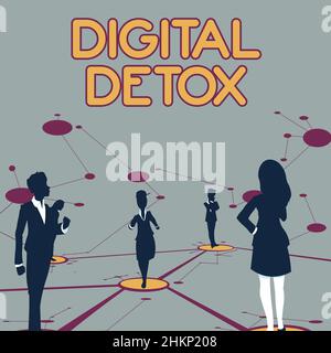 Handschrift Text Digital Detox. Geschäftsansatz Zeitraum, in dem eine Person keine Gadgets mehr verwendet, wenn mehrere Crew-Mitglieder getrennt stehen Stockfoto