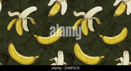 Exotisches, helles, nahtloses Muster mit Bananen. Tropische Tapete. Hintergrund aus Früchten Stockfoto