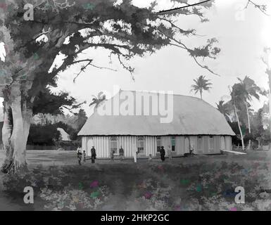 Art inspired by Neiafu, Wesleyan Church (exterior), Burton Brothers Studio, Photography Studio, 26. Juli 1884, Neuseeland, Schwarz-Weiß-Fotografie, großer Baum links im Vordergrund auf Lichtung vor dem Kirchengebäude. Zehn Menschen stehen oder sitzen vor der Kirche. Die von Artotop modernisierten, klassischen Werke mit einem Schuss Moderne. Formen, Farbe und Wert, auffällige visuelle Wirkung auf Kunst. Emotionen durch Freiheit von Kunstwerken auf zeitgemäße Weise. Eine zeitlose Botschaft, die eine wild kreative neue Richtung verfolgt. Künstler, die sich dem digitalen Medium zuwenden und die Artotop NFT erschaffen Stockfoto