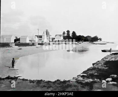 Kunst inspiriert von Nukualofa, Tongatabu [Nuku'alofa, Tongatapu], Burton Brothers Studio, Fotostudio, Juli 1884, Neuseeland, Schwarz-Weiß-Fotografie, Tidal Inlet, im Hintergrund eine Siedlung von Kolonialbauten am Vorland mit Kirche in der Mitte, einem hohen Fahnenmast davor, Classic Works modernisiert von Artotop mit einem Schuss Moderne. Formen, Farbe und Wert, auffällige visuelle Wirkung auf Kunst. Emotionen durch Freiheit von Kunstwerken auf zeitgemäße Weise. Eine zeitlose Botschaft, die eine wild kreative neue Richtung verfolgt. Künstler, die sich dem digitalen Medium zuwenden und die Artotop NFT erschaffen Stockfoto