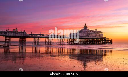 Farbenfroher Februar-Sonnenaufgang bei Ebbe Eastbourne Pier East Sussex Südostengland Stockfoto