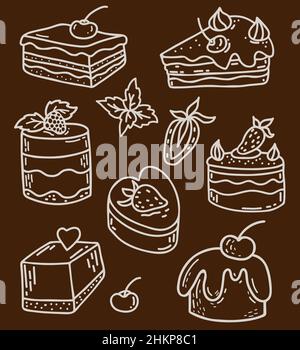 Set von Süßwaren. Süß, Kuchen und Kuchen mit Beeren und Früchten. Vektorgrafik. Isolierte lineare Handzeichnungen im Doodle-Stil mit Stock Vektor