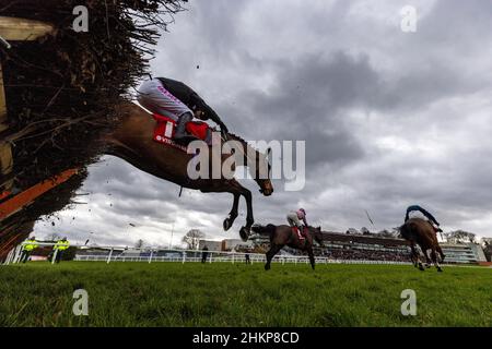 Onagatheringsturm, der von Jockey Paddy Brennan während der Handicap-Hürde der Virgin Bet Heroes auf der Sandown Park Rennbahn gefahren wurde. Bilddatum: Samstag, 5. Februar 2022. Stockfoto