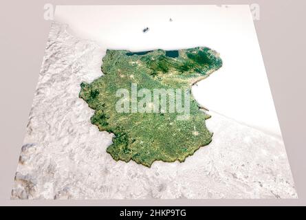 Satellitenansicht der Provinz Foggia, Region Apulien. Italien. 3D Rendern. Physische Karte, Ebenen, Berge, Seen, Gebirge Stockfoto