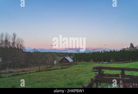 Dramatischer Abendhimmel mit gelbem Mond über der County-Szene Stockfoto