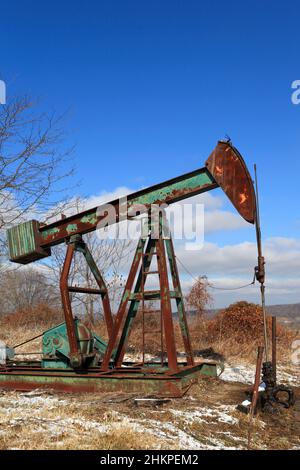 Rostiger Pumpenheber im Frühjahr, USA, Ohio Stockfoto