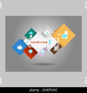 Zusammensetzung von Elementen für Infografiken oder Webdesign aus einfachen Vektorwürfeln abstrakter Formen und VPN-Symbolen Stock Vektor