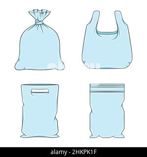 Satz von farbigen Abbildungen mit Plastikverpackungen, Taschen. Isolierte Vektorobjekte auf weißem Hintergrund. Stock Vektor