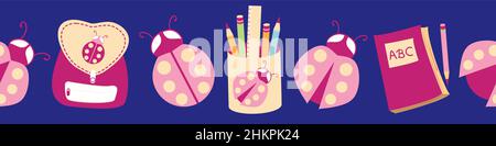 Marienkäfer zurück zur Schule Vektor nahtlose Grenze Hintergrund. Fun Cartoon Marienkäfer, Schultaschen, Bleistift Caddy, Notizbücher Banner. Handgezeichnetes rosa-violett Stock Vektor