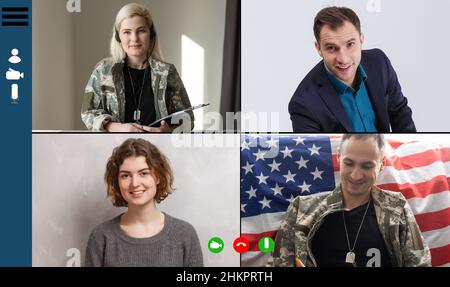 Reifer männlicher Soldat, der im Hauptquartier einen Laptop für die Kommunikation mit seiner Familie verwendet. Stockfoto