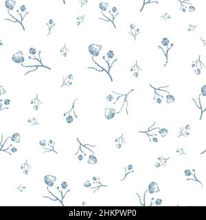 Moderne abstrakte wilde Wiese Blume nahtlose Vektor-Muster Hintergrund. Faux Lino-Druck Delfter blau weißen Hintergrund mit verstreuten Blumen, Stielen und Stock Vektor