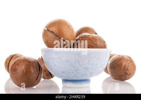 Mehrere ganze ungeschälte Macadamianüsse in einer Keramikschale, Nahaufnahme, isoliert auf Weiß. Stockfoto