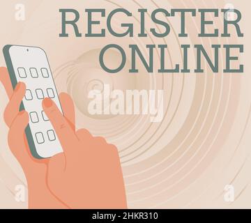 Schild mit der Anzeige Online registrieren. Business Showcase offizielle Liste oder Aufzeichnung zeigen oder Dinge in Web oder Forum Hände Halten technologische Gerät Stockfoto