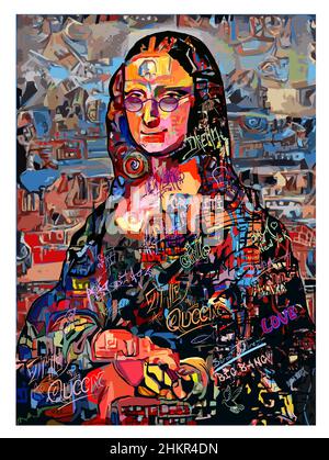 Bunte Interpretation der Mona Lisa von Leonardo da Vinci - Vektorgrafik (ideal zum Bedrucken von Stoff oder Papier, Poster oder Tapeten, Haus Stock Vektor