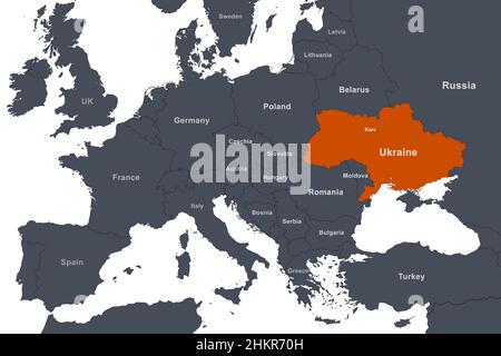 Ukraine auf Europa skizzieren Karte mit Grenzen. Politische Landkarte mit dem Schwarzmeergebiet und dem Territorium Russlands, der Krim, Weißrussland, Polens und anderer Länder. Stockfoto