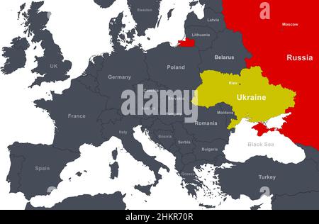 Russland und die Ukraine in Europa skizzieren Karte. Das Territorium der Ukraine und die russische Grenze auf der politischen Landkarte mit Belarus, Polen und anderen Ländern. Schwarzes Meer wi Stockfoto