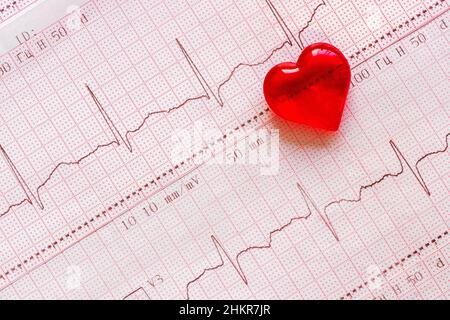 Rotes Kunststoffherz auf dem Hintergrund des Elektrokardiogramms (EKG). Das Konzept gesunde Herz Tag, backgrond Stockfoto