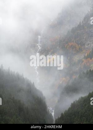 Nebliges Herbstwetter im Pineta-Tal Stockfoto