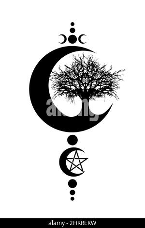 Mystischer Mond, Baum des Lebens und Wicca-Pentakel. Heilige Geometrie. Logo, Halbmond, Halbmond, heidnische Wiccan-Dreifachgöttin, Energiekreis Stock Vektor