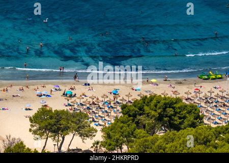 Luftbild, Sonnenbaden und Baden am Sandstrand Platja de Santa Ponça, Santa Ponça, Calvià, Mallorca, Balearen, Spanien, Badende, Badende Stockfoto