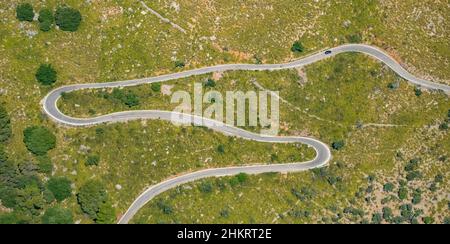 Luftaufnahme, Serpentinen im Tramuntana-Gebirge bei Escorca, Mallorca, Balearen, Spanien, es, Escorca, Europa, Luftaufnahme, Luftbildaufnahme Stockfoto