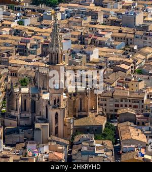 Luftaufnahme, Parròquia de la Mare de Déu dels Dolors de Manacor, Manacor, Mallorca, Balearen, Spanien, Europa, Ort der Anbetung, es, Església de Stockfoto