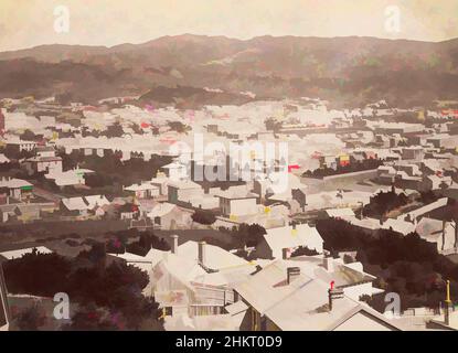 Kunst inspiriert von Te Aro, Wellington, Burton Brothers Studio, 1880s, Wellington, Blick von ungefähr Hawker Street, Mt.Victoria nach Südwesten mit St. Pats College (am Basin Reserve) nur im Blick, Classic Works modernisiert von Artotop mit einem Spritzer von Modernität. Formen, Farbe und Wert, auffällige visuelle Wirkung auf Kunst. Emotionen durch Freiheit von Kunstwerken auf zeitgemäße Weise. Eine zeitlose Botschaft, die eine wild kreative neue Richtung verfolgt. Künstler, die sich dem digitalen Medium zuwenden und die Artotop NFT erschaffen Stockfoto