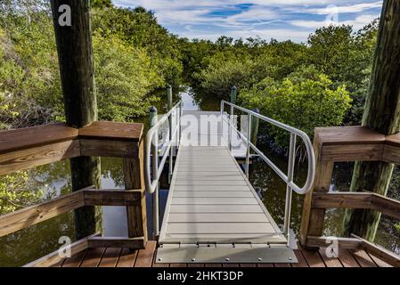 Parkrampe, die hinunter zu einem schwimmenden Pier führt, der in einem schmalen Kanal sitzt, der durch einen magroven Sumpf im Ponce Inlet Preserve, Florida, geschnitten wurde. Stockfoto