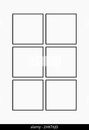 Rahmenmodell 1:1 quadratisch. Set aus sechs dünnen schwarzen quadratischen Rahmen. Sauber, modern, minimalistisch, helle Galerie Wandmockup, Satz von 6 Rahmen. Stockfoto