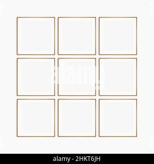 Rahmenmodell 1:1 quadratisch. Set aus neun dünnen Kirschholzrahmen. Sauber, modern, minimalistisch, helle Galerie Wandmockup, Satz von 9 quadratischen Rahmen mit einer Matte Stockfoto